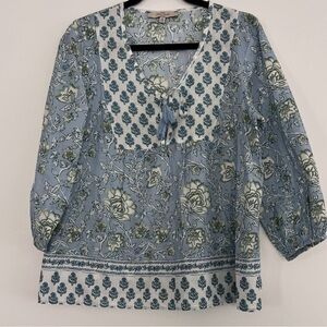 Casa Cabana Blue Floral Tasseled Keyhole Front Tie 3/4 Sleeve Boho Blouse - M